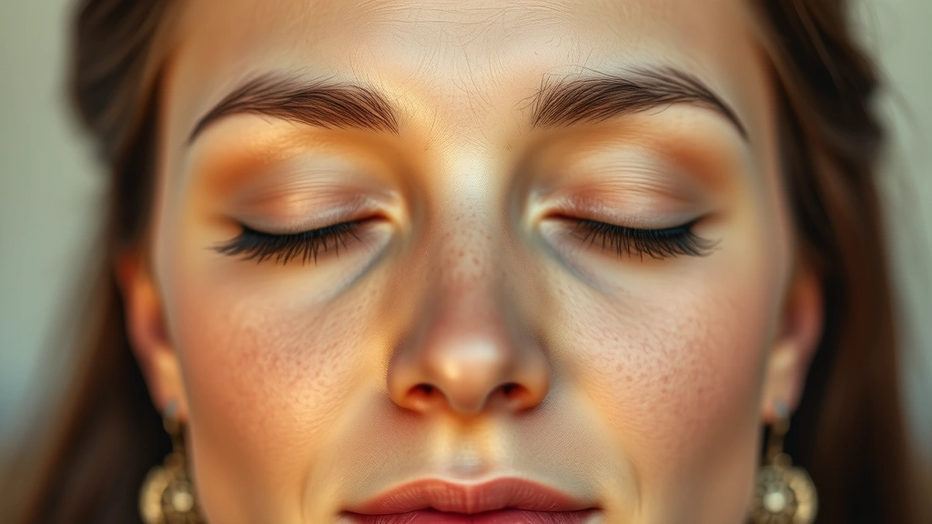 Close-up of person's face during meditation, eyes gently closed, peaceful expression, warm natural lighting, completely relaxed facial features, no tension visible