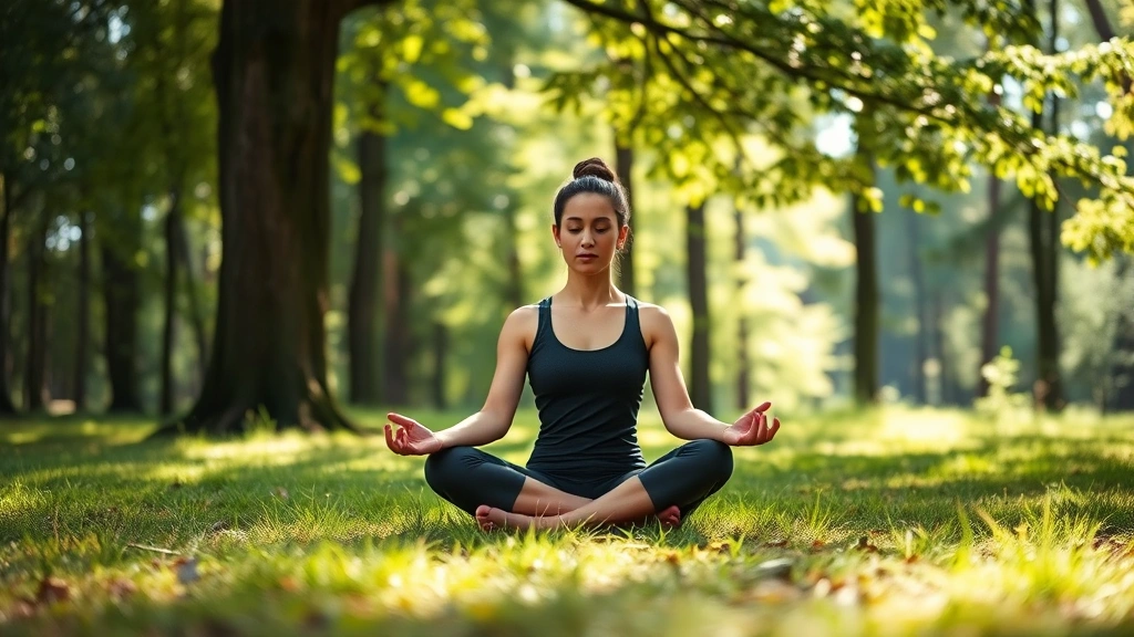 Person meditating outdoors in nature setting, sitting cross-legged on grass near trees, sunlight filtering through leaves, tranquil forest background, embodying calm focus