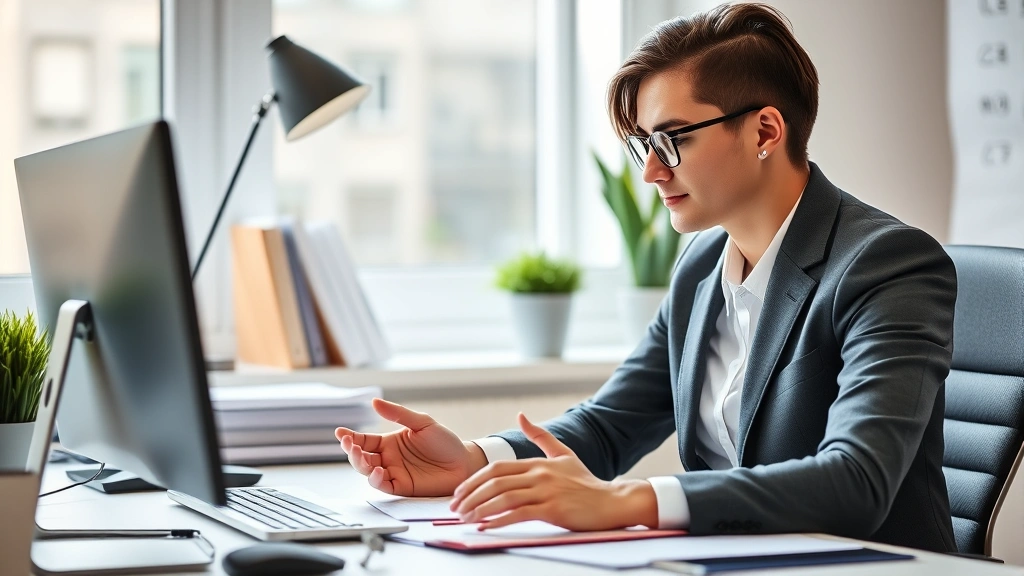 Professional at desk with improved focus and concentration, hands resting peacefully, clean workspace, natural window light, embodying calm productivity