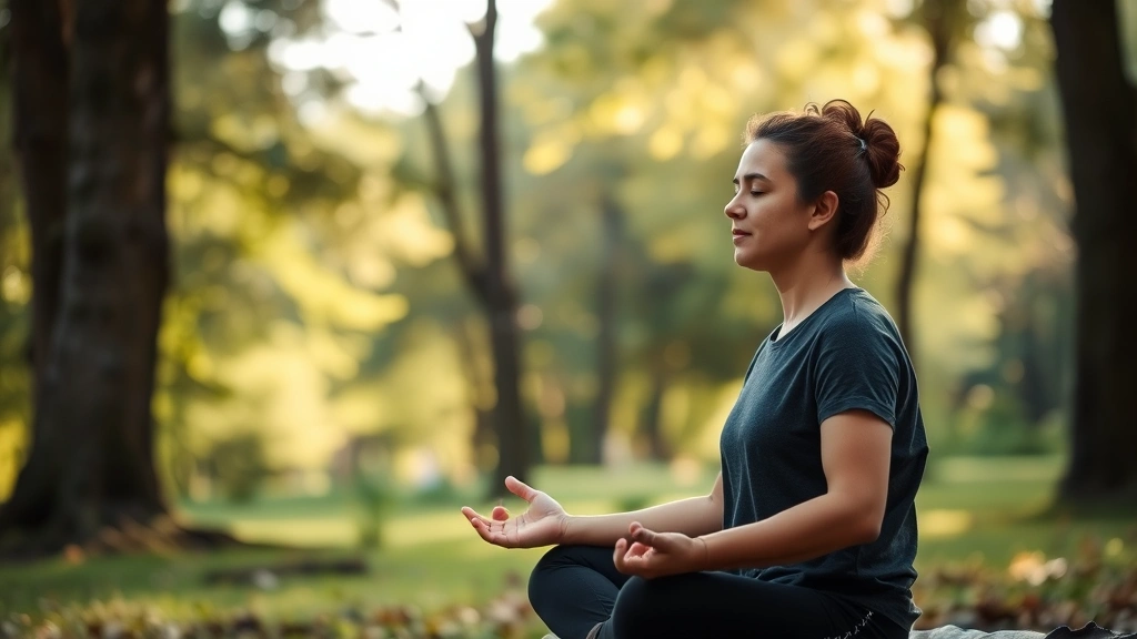Individual meditating outdoors in natural setting, peaceful serene posture, calm facial expression, surrounded by nature, soft natural light filtering through trees, embodying mindfulness and mental clarity