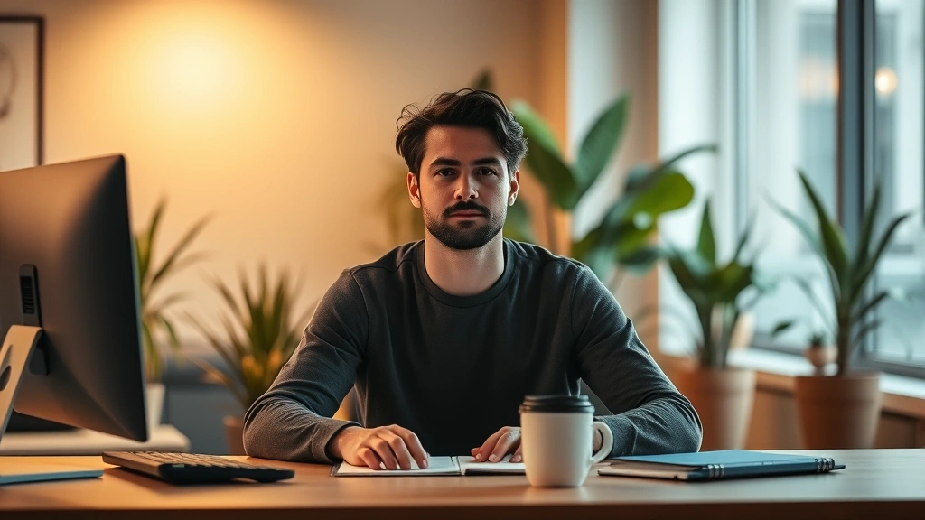 Wide shot of modern workspace with person at desk, ambient warm lighting, plants in background, person appears calm and engaged, coffee cup on desk, no technology screens visible, natural daylight