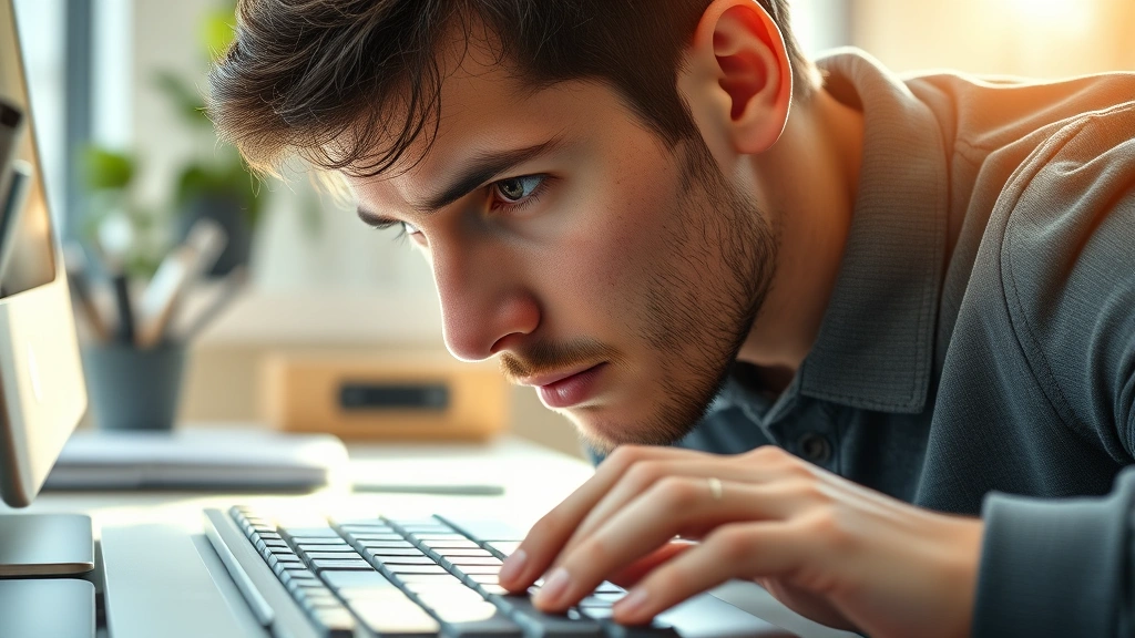 Close-up of focused individual at desk with hands on keyboard, intense concentration expression, natural workspace environment, morning light, photorealistic