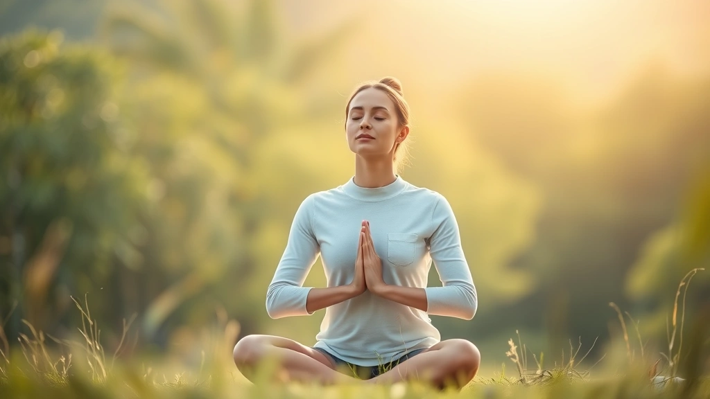 Person meditating outdoors in nature setting with soft focus background, calm posture, peaceful environment, natural lighting, wellness photography style