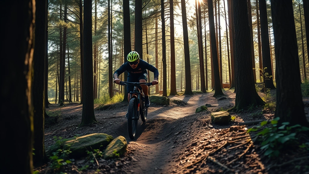 Mountain biker riding on narrow singletrack trail surrounded by forest trees, leaning into a turn with intense concentration, morning sunlight filtering through canopy, photorealistic action shot