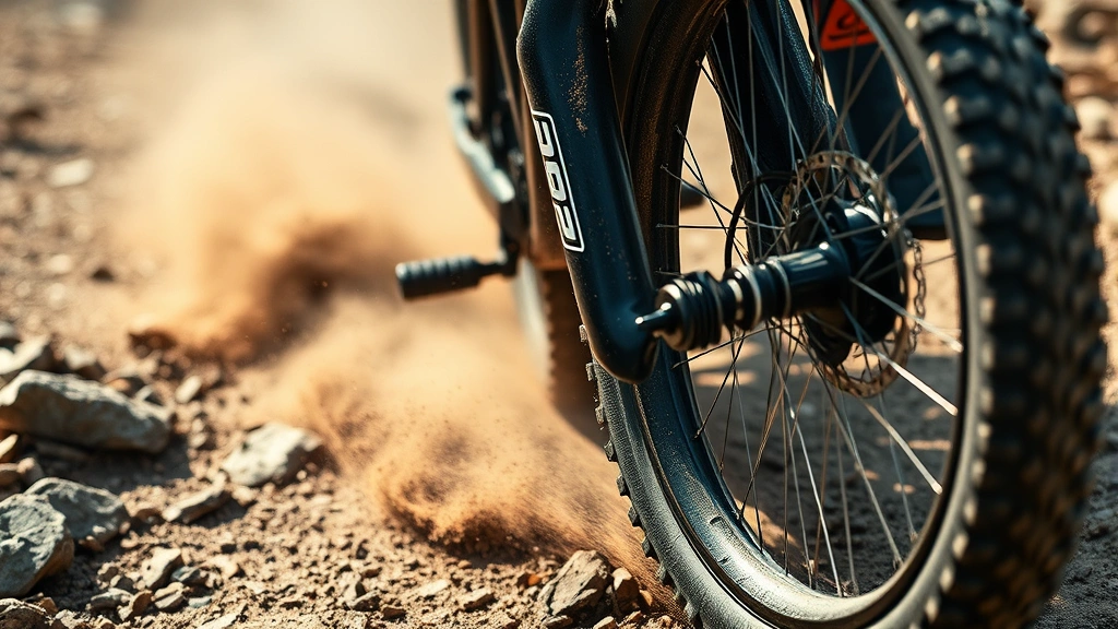 Close-up of suspension fork and front wheel absorbing impact on rocky terrain, dust particles visible, showcasing technical trail capability and stability, detailed mechanical action photography