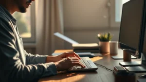 Person in deep focus at wooden desk with morning sunlight streaming through window, hands on keyboard, completely absorbed in work, minimal desk items, warm natural lighting, photorealistic, no visible text or screens showing content