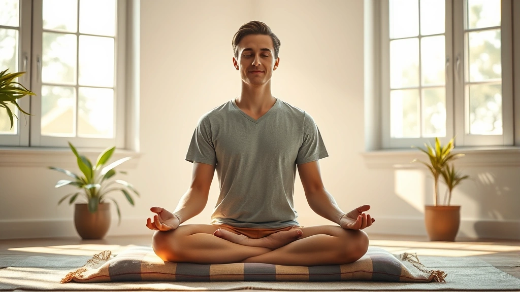 Person in peaceful meditation pose on cushion in sunlit room with soft natural light streaming through windows, serene facial expression, cross-legged position, plants visible in background, photorealistic