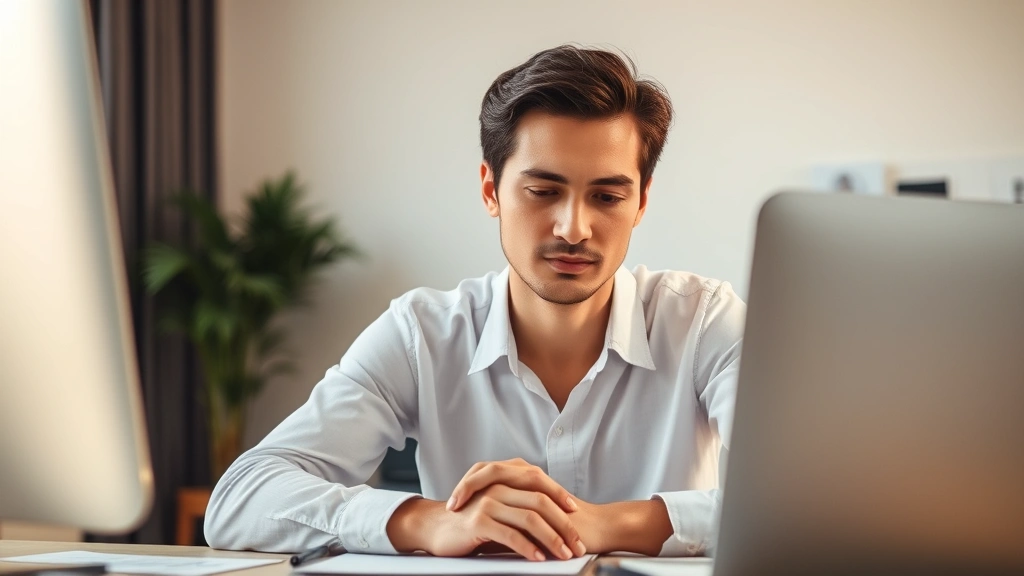 Person in deep focus at desk, warm natural lighting, serene expression, hands resting peacefully, minimalist workspace background, calm professional environment