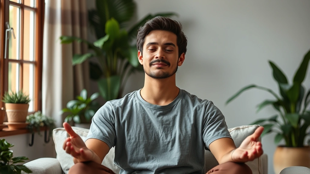 Individual practicing guided meditation in comfortable position, soft diffused light, peaceful facial expression, relaxed shoulders, natural indoor setting with plants