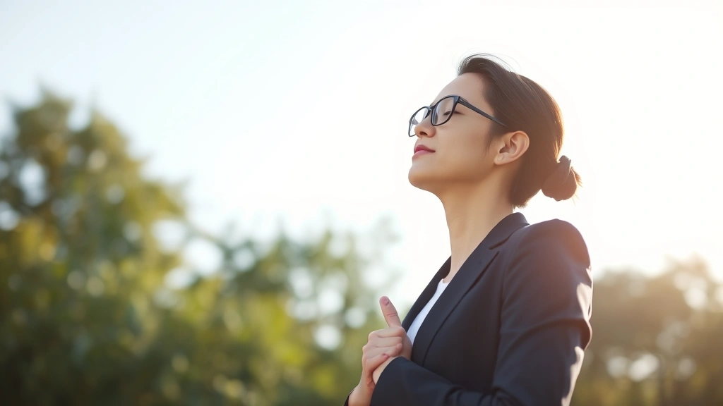 Professional taking mindful break outdoors, bright natural light, clear sky background, peaceful posture, breathing deeply, nature-integrated workspace transition