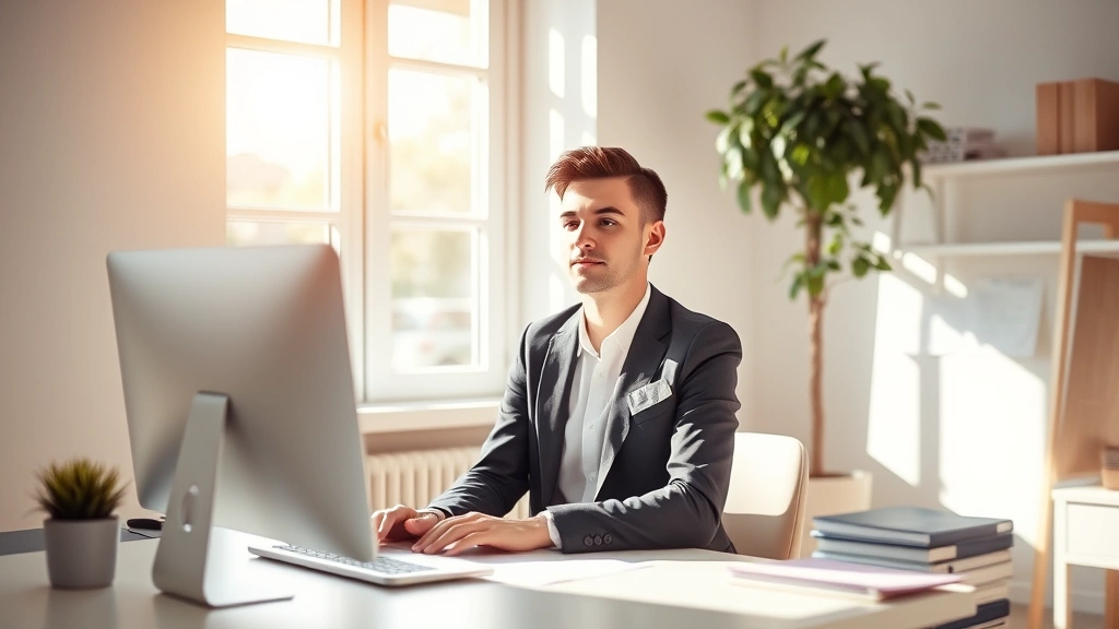 Professional in bright, minimalist workspace with natural light streaming through window, sitting at clean desk with focused expression, warm neutral tones, morning light