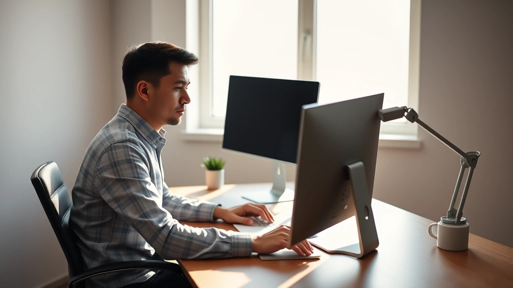 A professional sitting at a minimalist desk with a single monitor, morning sunlight streaming through the window, completely focused expression, clean wooden desk surface, no papers or clutter visible, calm concentrated posture