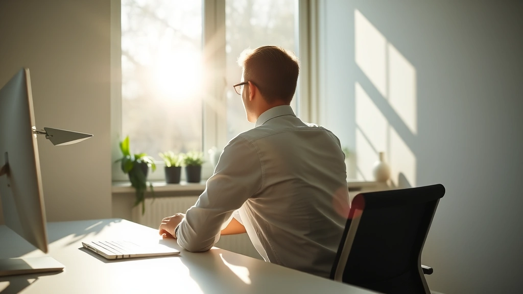Person sitting at minimalist desk during morning sunlight, facing away toward window with focused posture, plants visible, natural light streaming in, calm professional workspace