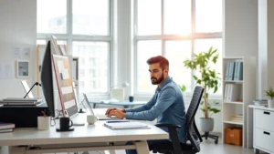 Person in bright modern office workspace with minimal clutter, sitting at ergonomic desk, natural light from large windows, focused expression, working on laptop, clean organized environment, photorealistic, professional setting