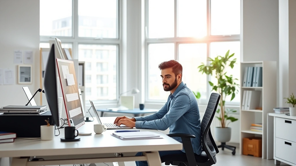 Person in bright modern office workspace with minimal clutter, sitting at ergonomic desk, natural light from large windows, focused expression, working on laptop, clean organized environment, photorealistic, professional setting