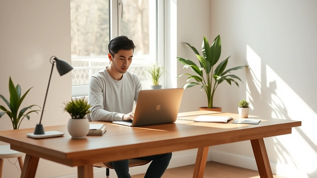 Person sitting at a minimalist wooden desk in natural sunlight, focused on laptop work, clean workspace with plants, calm professional environment, photorealistic
