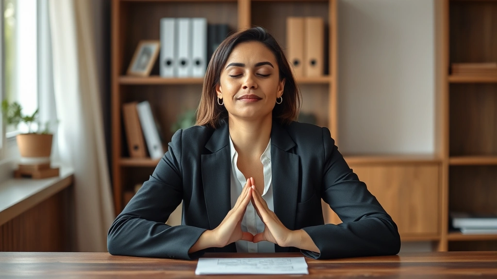 Professional seated at wooden desk with closed eyes, hands in meditation position, serene expression showing mental clarity and focused composure