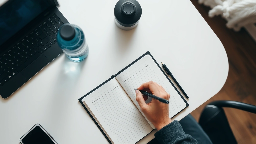 Overhead shot of a person's hands writing in a notebook on a clean desk with water bottle nearby, natural daylight from above, blurred background suggesting quiet environment, serene focused workspace