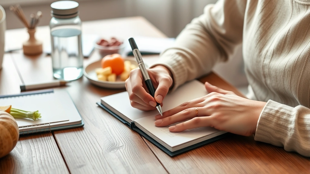 Close-up of hands writing in notebook at wooden desk with water bottle and healthy food nearby, morning light, serene expression, organized workspace, no visible text