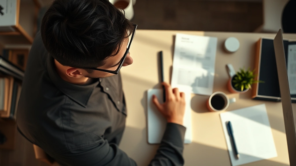 Overhead view of person in deep concentration at minimalist desk, single task focus, organized workspace with only essential items, warm natural lighting, peaceful expression, photorealistic professional scene