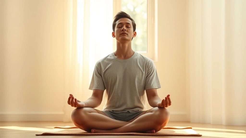 Individual meditating in peaceful room with soft natural light, eyes closed in concentration, serene posture on cushion, sunlight through window, photorealistic