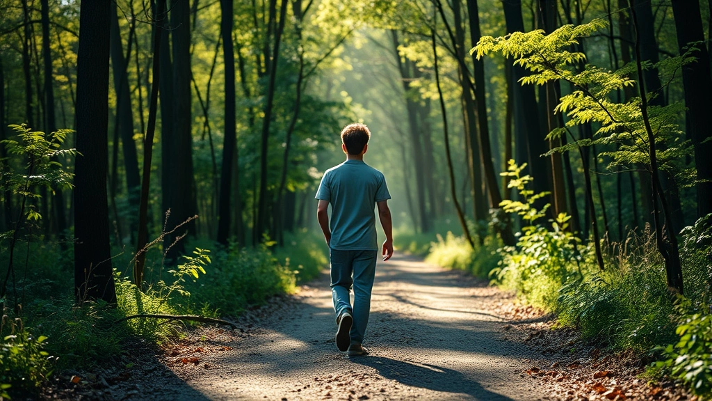 Individual walking slowly through sunlit forest path with soft focus, peaceful posture demonstrating mindful movement and sustained attention awareness