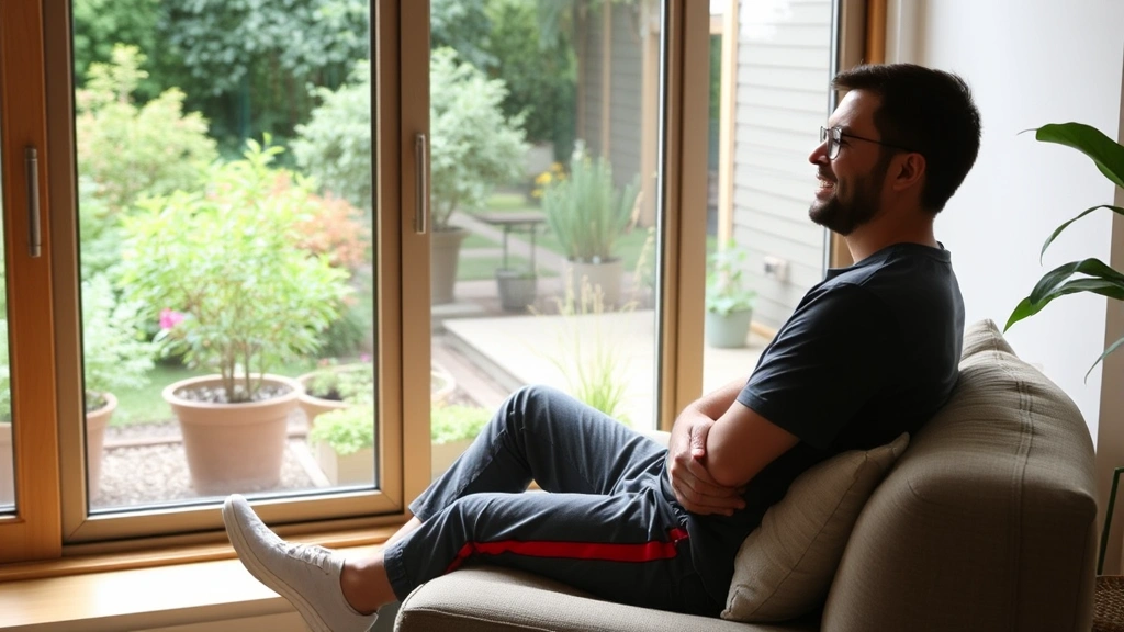 Individual in comfortable posture during break time, sitting near window overlooking garden, relaxed but alert, natural indoor-outdoor transition space, soft natural lighting
