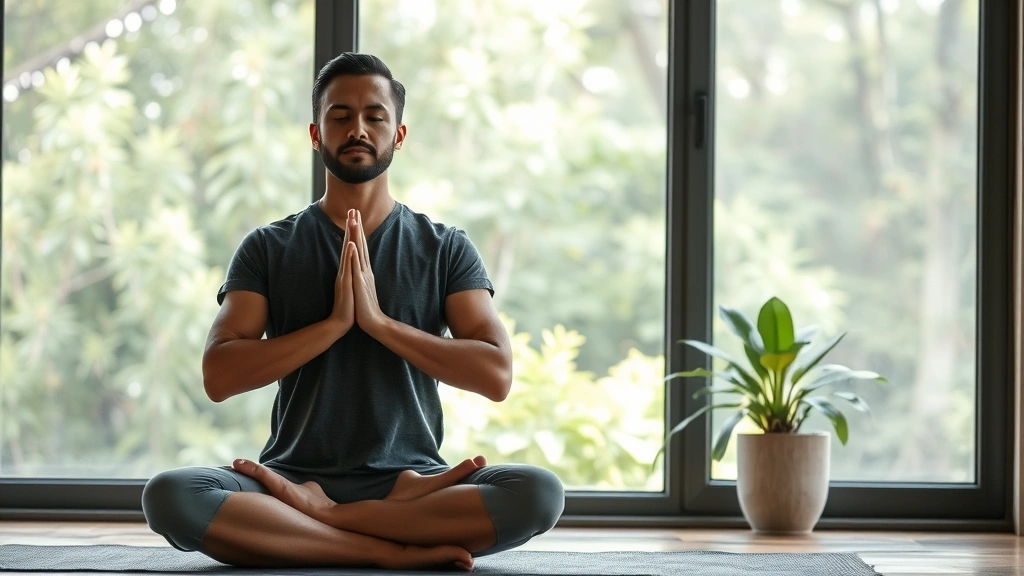Individual in meditation pose by large window with nature visible outside, peaceful expression, natural light, indoor plant in background, zen environment, focused calm state