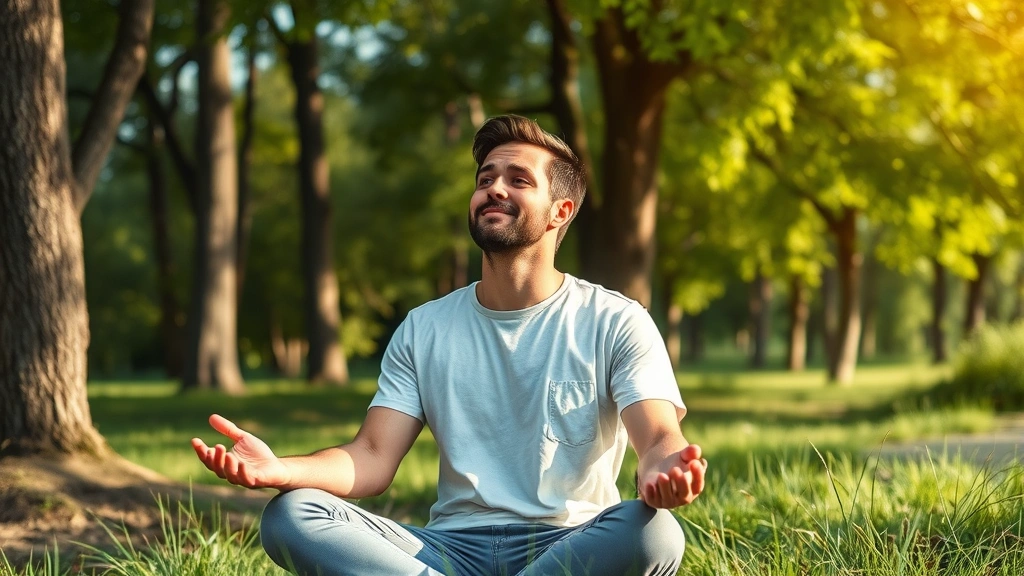 Person taking focused break in nature environment, sitting peacefully outdoors, trees and natural light, relaxed posture, contemplative expression, recovery period visualization, photorealistic wellness imagery