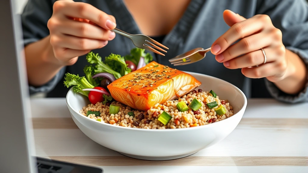 Person eating healthy meal with salmon, vegetables, and whole grains at desk, nutritious food photography, fresh ingredients, bright natural lighting, photorealistic