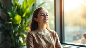 Person sitting peacefully by a large window with natural sunlight, eyes gently closed in meditation, serene expression, soft warm light, blurred green plants in background, photorealistic, calm professional environment