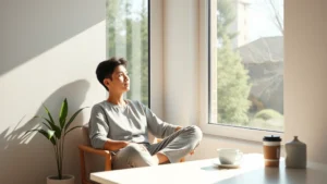 Person sitting peacefully by large window with natural sunlight streaming in, morning coffee nearby, calm focused expression, minimalist bright workspace, photorealistic