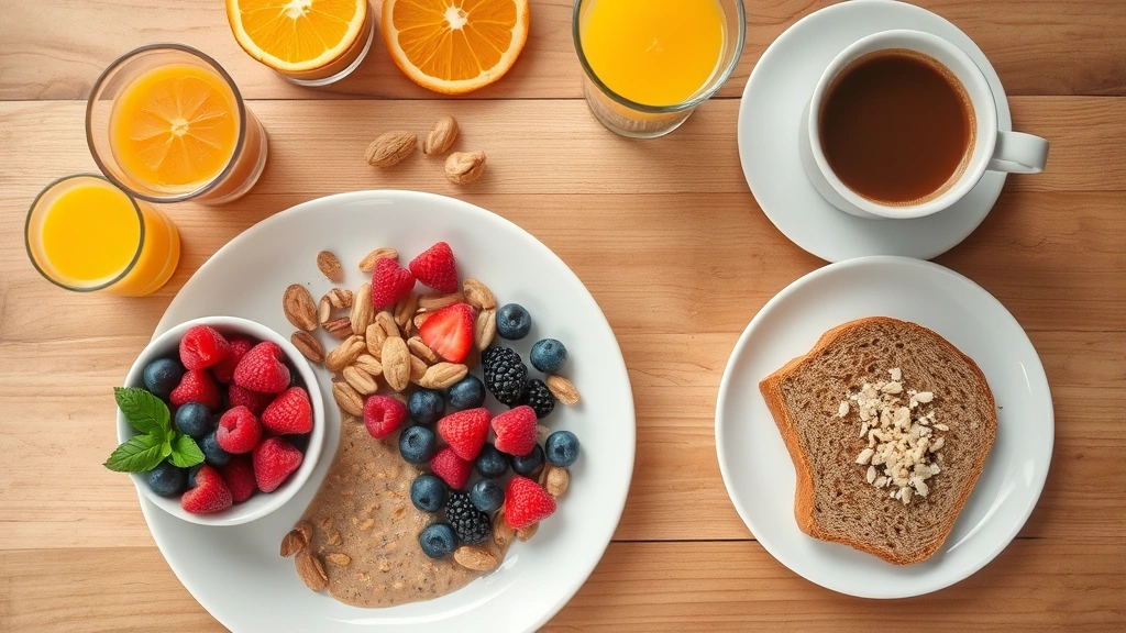 Overhead view of healthy breakfast spread on wooden table including fresh berries, nuts, whole grain toast, fresh orange juice, and a cup of coffee, natural morning light, appetizing and organized, photorealistic