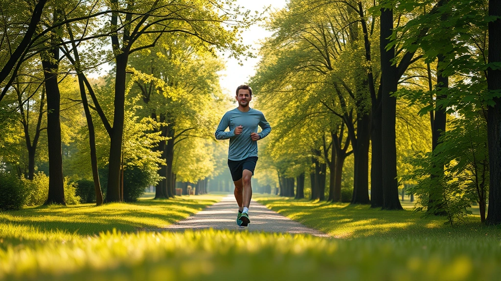 Active person jogging through green park surrounded by trees, natural movement, morning light, healthy expression, outdoor wellness environment, photorealistic