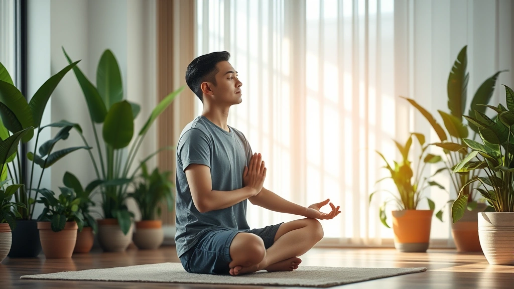 Individual meditating in serene indoor space with plants, soft natural lighting, calm posture, peaceful environment, mental clarity visualization, photorealistic