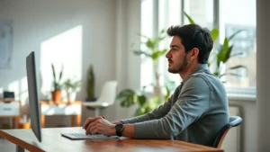 Person sitting at wooden desk in bright, minimalist office space, eyes focused intently on work, natural window light, peaceful expression, plants visible in background, no screens or text visible