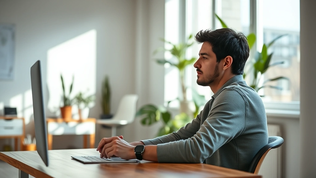 Person sitting at wooden desk in bright, minimalist office space, eyes focused intently on work, natural window light, peaceful expression, plants visible in background, no screens or text visible