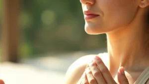 Close-up of person meditating peacefully in bright natural light, serene facial expression, hands resting gently, soft focus background, photorealistic, warm lighting