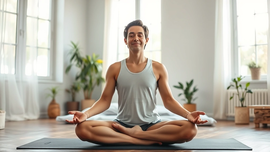 Individual in meditation pose on yoga mat in calm bedroom, soft morning light streaming through windows, serene expression, plants and clean space around them, completely peaceful environment