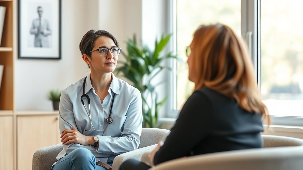 Professional therapist and client in calm office setting, person looking engaged and focused, natural lighting through window, comfortable seating arrangement, photorealistic depth of field