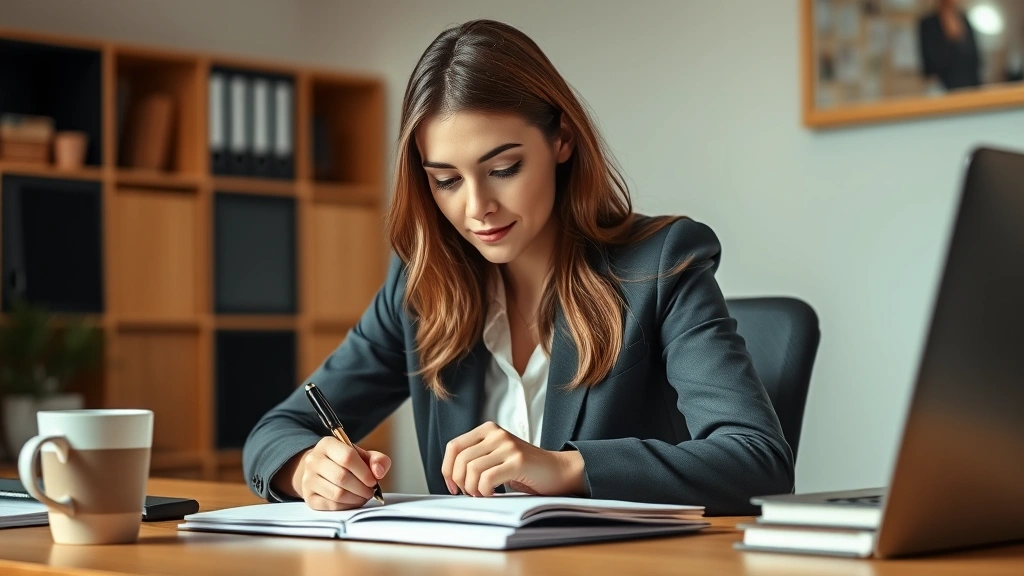 Professional woman at desk actively writing in notebook with coffee cup nearby, focused concentration on face, warm office lighting, organized workspace with minimal distractions, engaged and productive posture