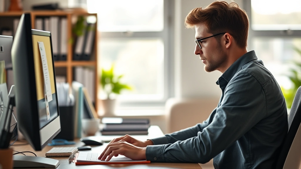 Individual working intently at desk with organized workspace, clear expression of concentration, natural morning light, blurred background, photorealistic professional environment