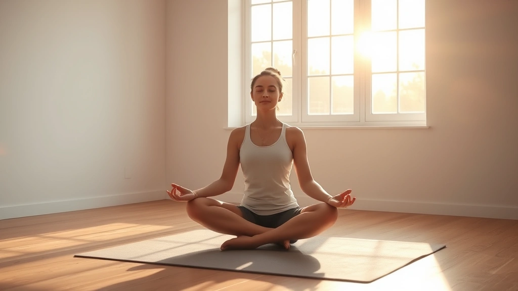 Person in meditation pose on yoga mat in minimalist room with soft natural light coming through large window, peaceful expression, morning sunlight creating calm atmosphere
