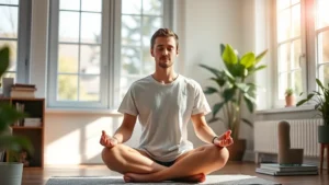 Person meditating in peaceful morning sunlight streaming through windows, sitting cross-legged in calm workspace, serene facial expression, natural light