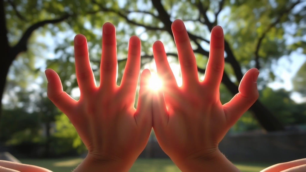 Close-up of hands in meditation mudra during outdoor meditation session, sunlight filtering through tree leaves creating dappled shadows on skin, serene natural setting