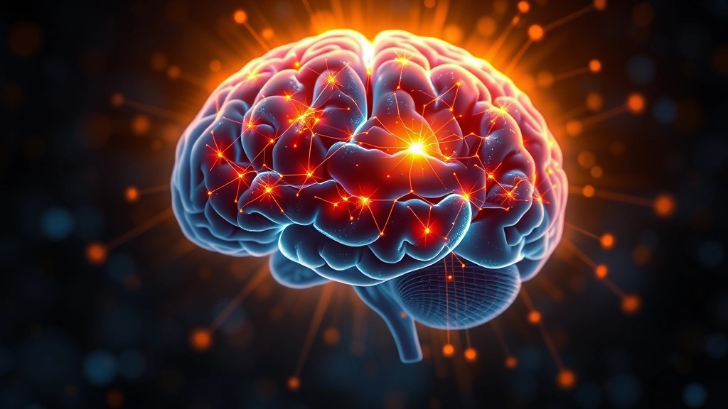 Brain activity visualization showing neural connections lighting up, focus and concentration concept, warm golden light highlighting active regions, scientific illustration style