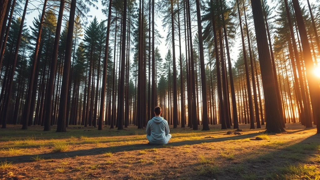 Wide shot of person meditating in forest clearing surrounded by tall trees, golden hour lighting, completely peaceful and undisturbed natural environment, tranquil woodland scene