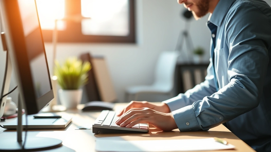 Professional working at desk with complete focus, morning light, minimal distractions visible, deep concentration expression, hands on keyboard, clean workspace environment