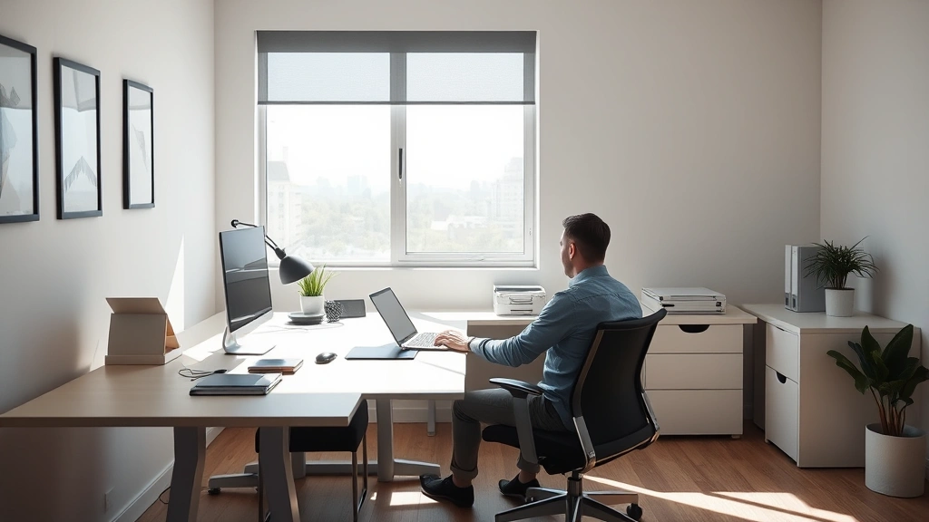 A person sitting at a minimalist desk with a single task in front of them, natural window light streaming in, completely focused and calm, no devices visible, clean organized workspace, professional office setting, photorealistic, serene concentration