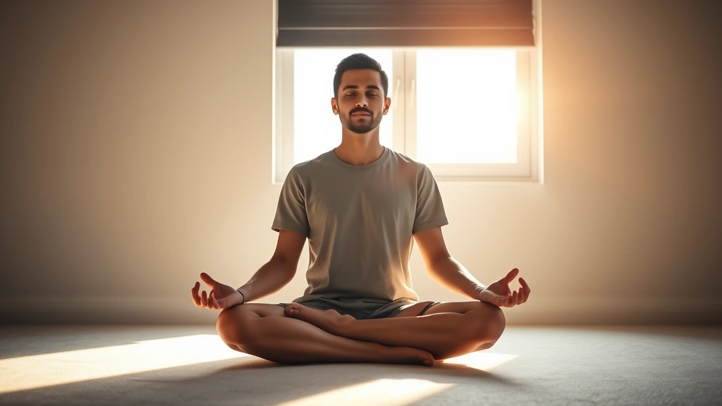 Person meditating in serene morning light, sitting cross-legged with peaceful expression, soft natural window light illuminating face, minimalist background, photorealistic, contemplative atmosphere